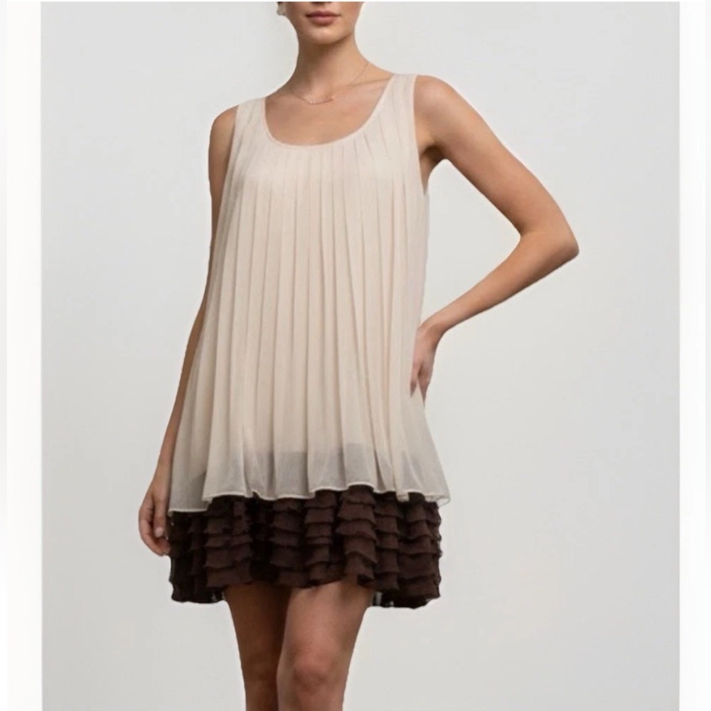 NEW Anthropologie Ryu Pleated Ruffle Babydoll Dress SMALL Sleeveless Beige/Brown
